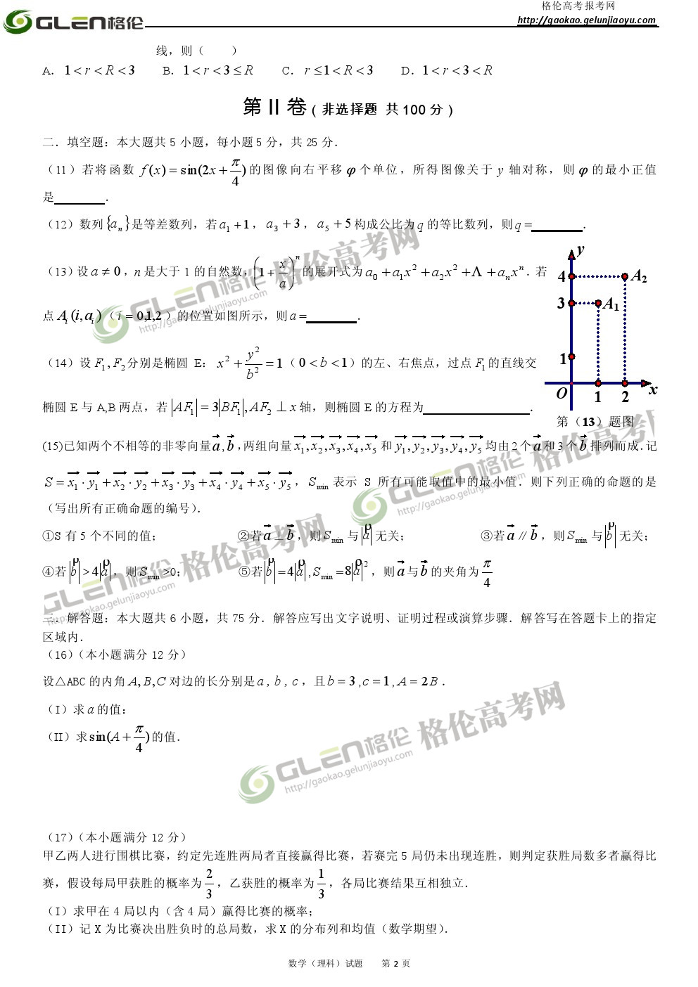 2014年安徽理科数学高考真题