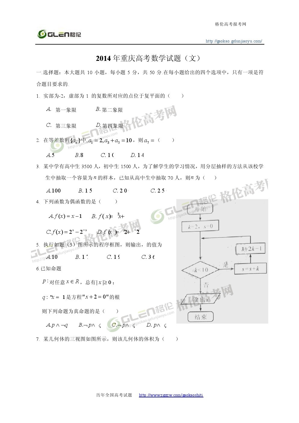 2014年重庆文科数学高考真题