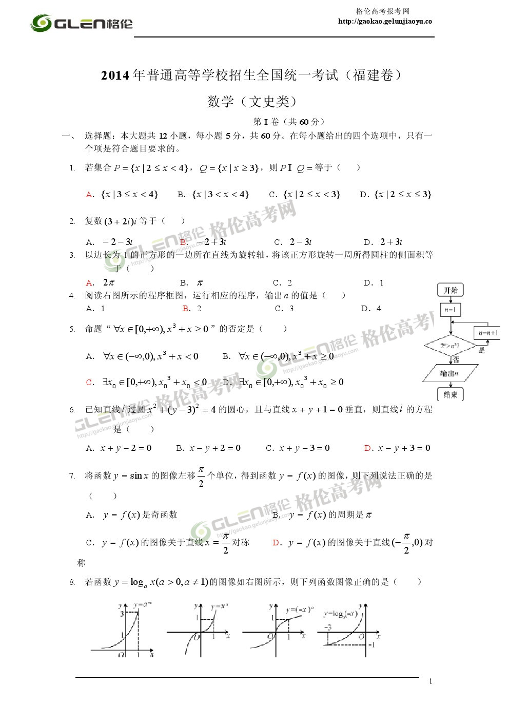 2014年福建文科数学高考真题