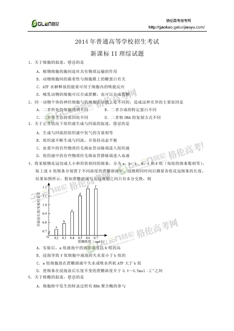 2014年湖北理综高考真题