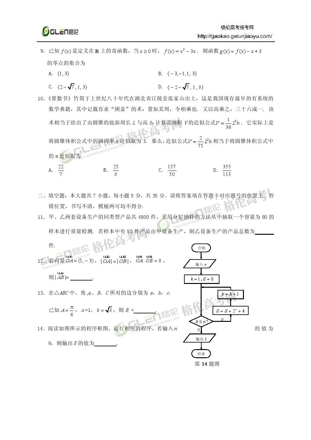 2014年湖北文科数学高考真题