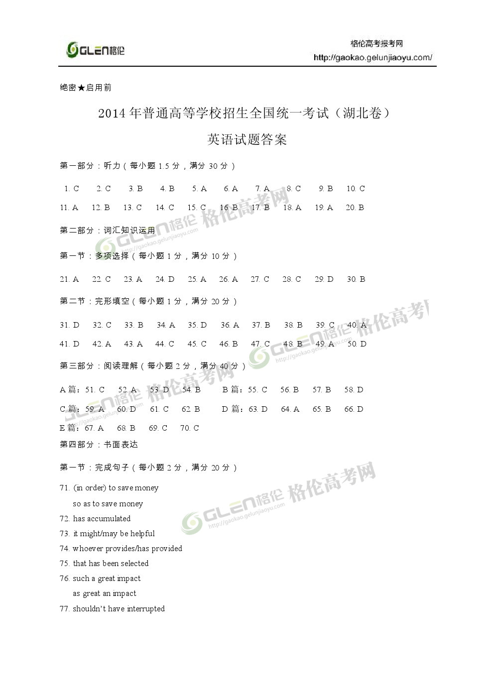 2014年湖北英语高考真题