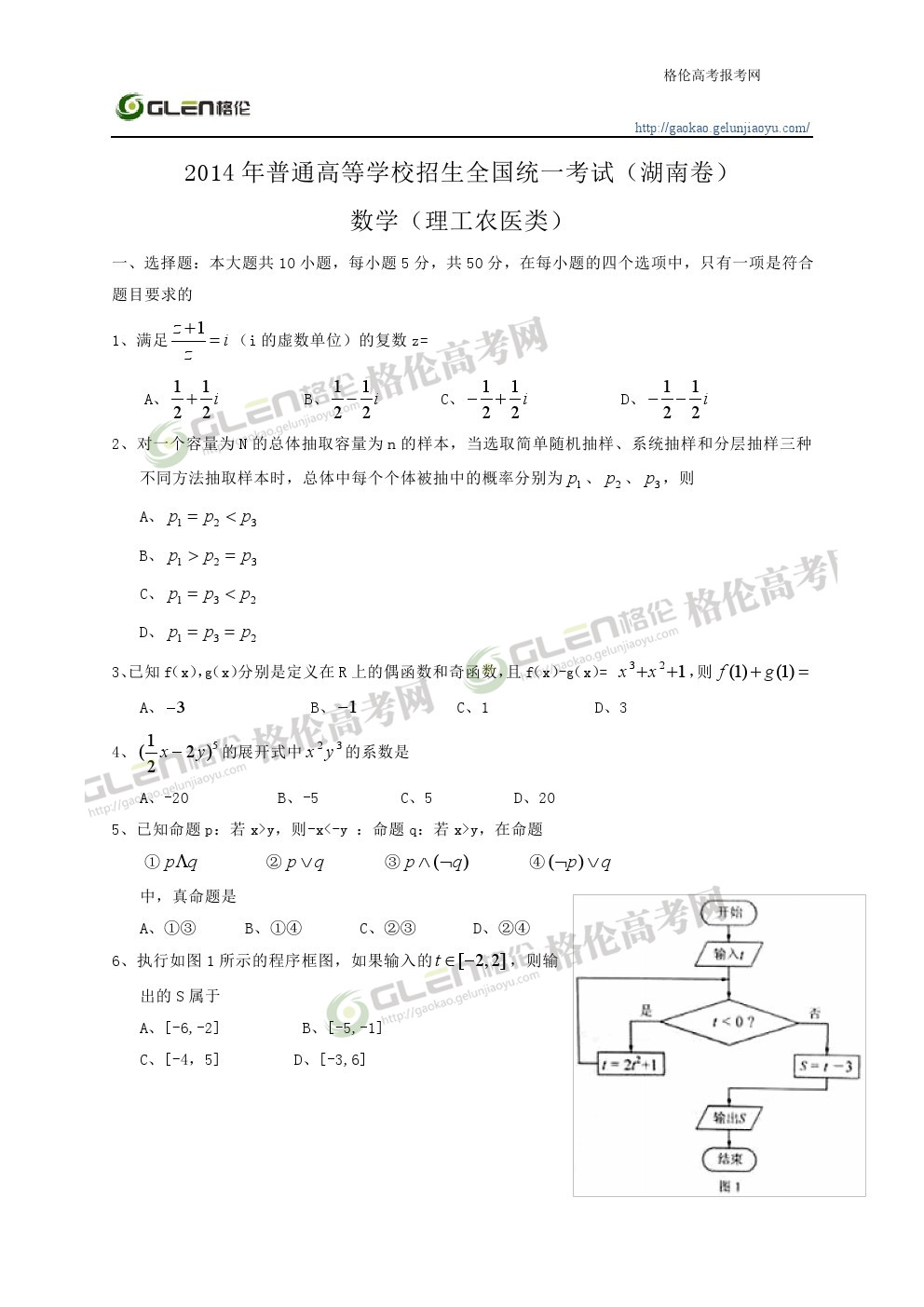 2014年湖南理科数学高考真题