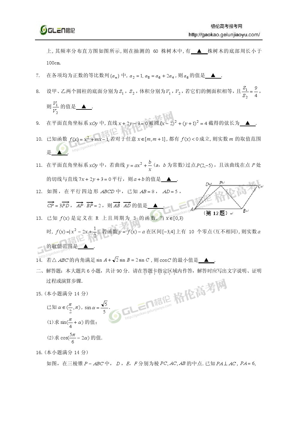 2014年江苏数学高考真题