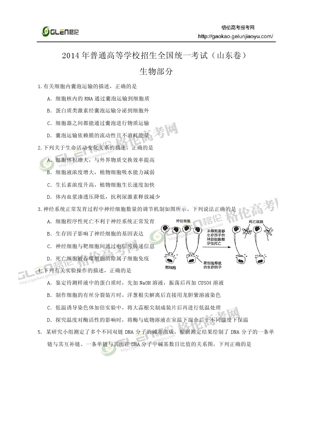 2014年山东理科综合高考真题