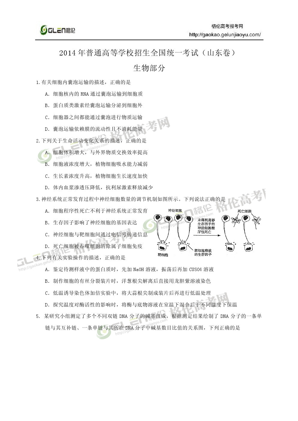 2014年山东理科综合高考真题