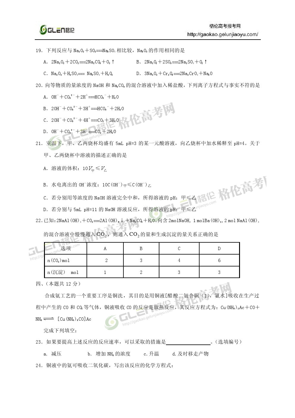 2014年上海化学高考真题
