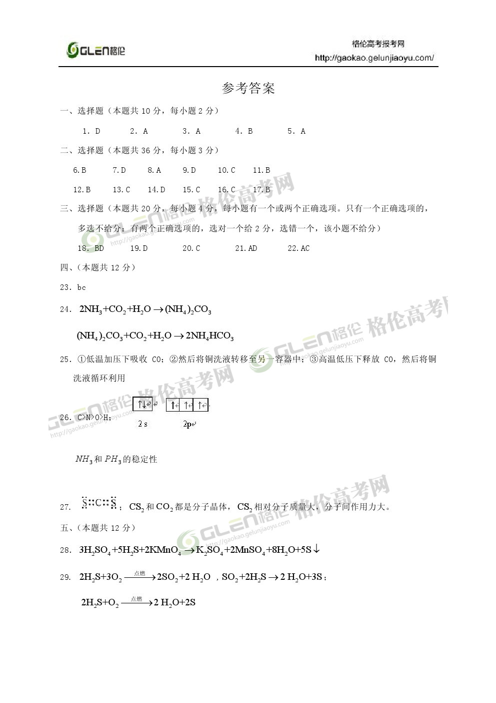 2014年上海化学高考真题