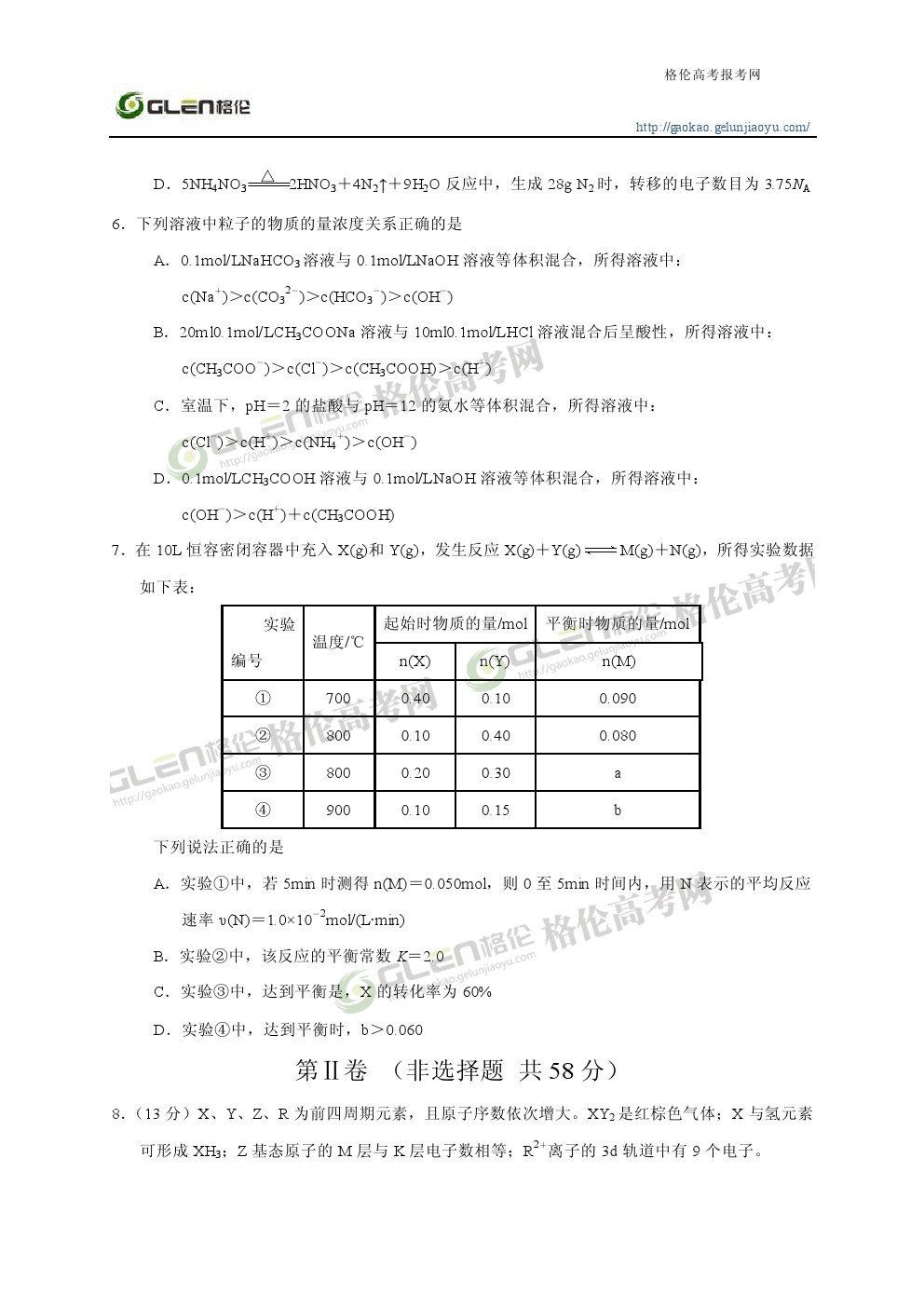 2014年四川理综高考真题