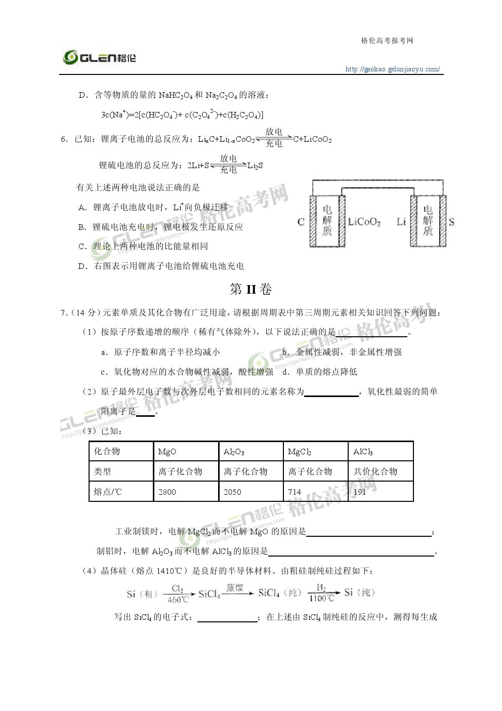 2014年天津理科综合高考真题