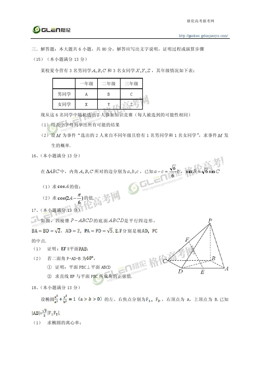 2014年天津文科数学高考真题