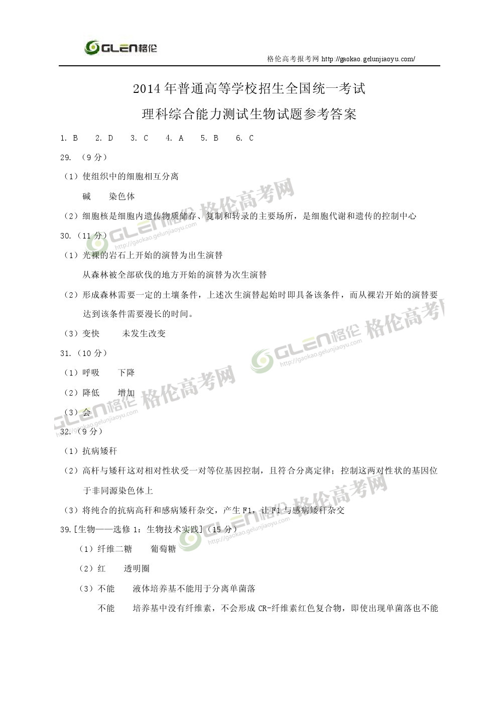 2014年新课标1理综高考真题