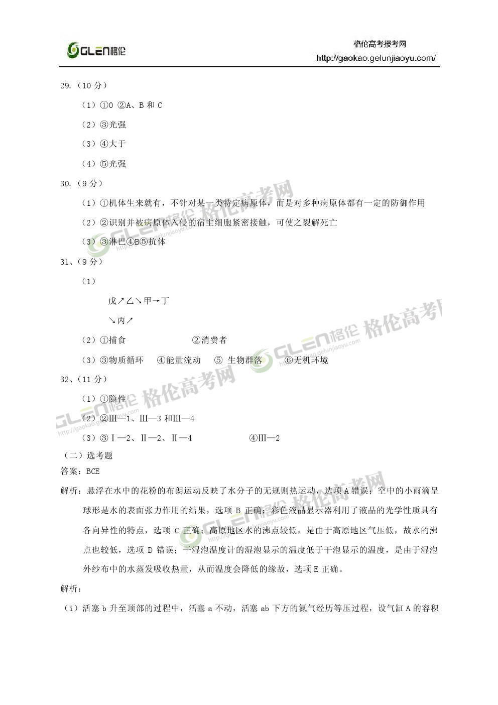 2014年新课标2理综高考真题